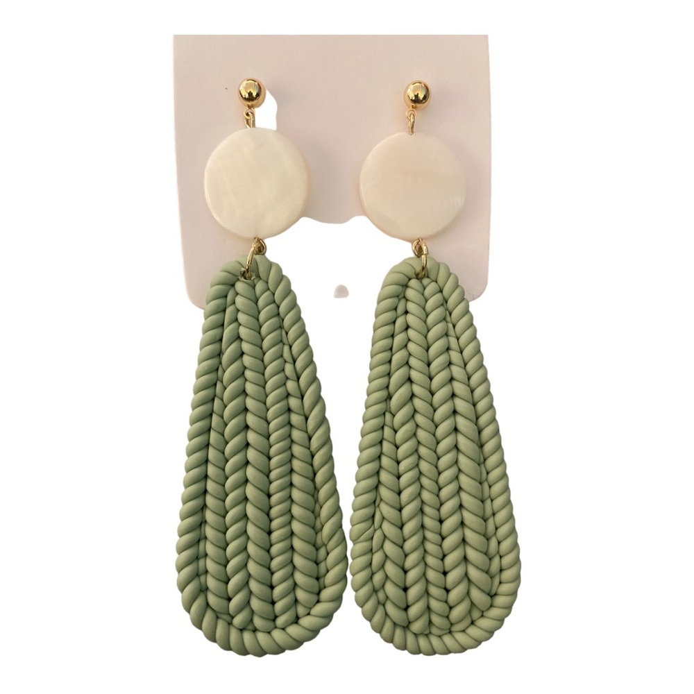 NWT Sage Green and Cream Clay Embossed Sweater Yarn Long Earrings